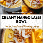 Paleo Mango Lassi Smoothie Bowl decorated with fresh mango slices and toasted coconut.
